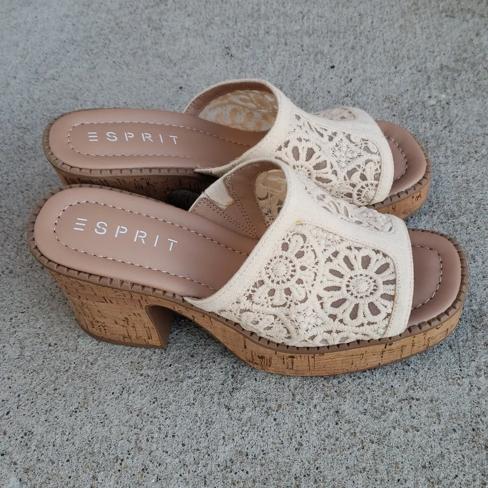 ESPRIT Pheby Floral Embroidered Platform Corks Block Heel Sandals Neutral Boho